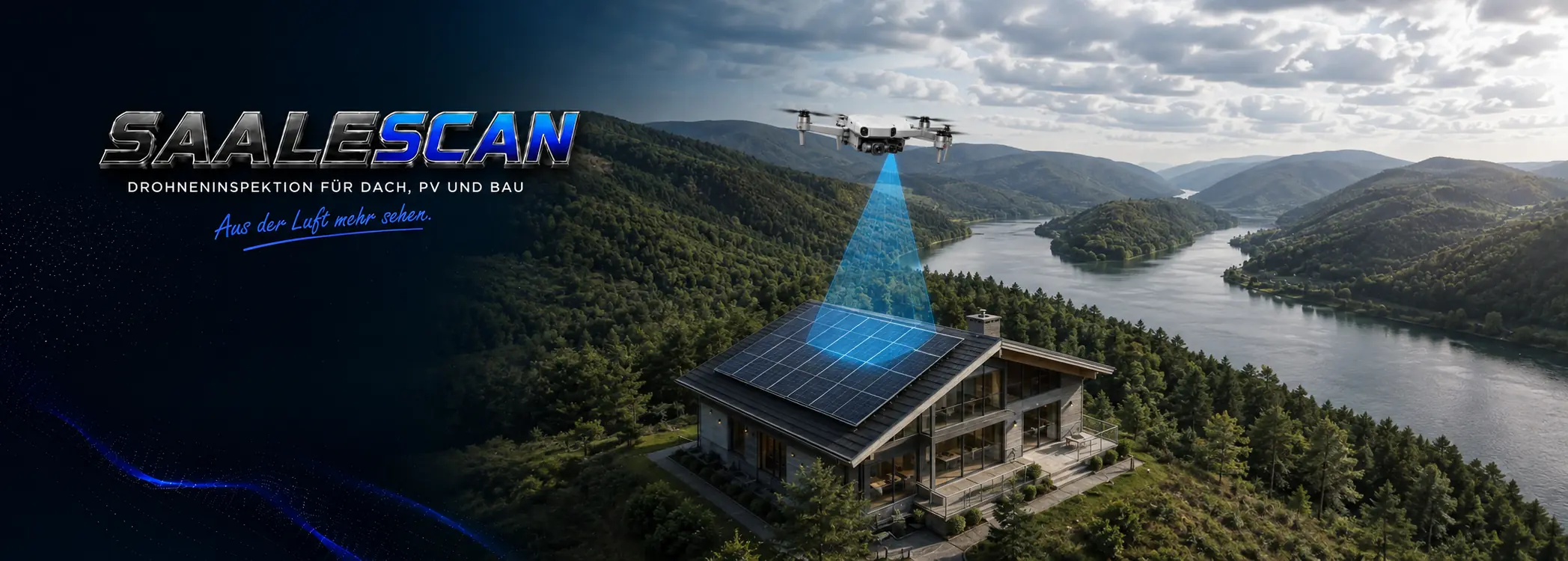 Visualisierte Einsatzdarstellung: SaaleScan-Drohne über einem PV-Dach in der Saalelandschaft